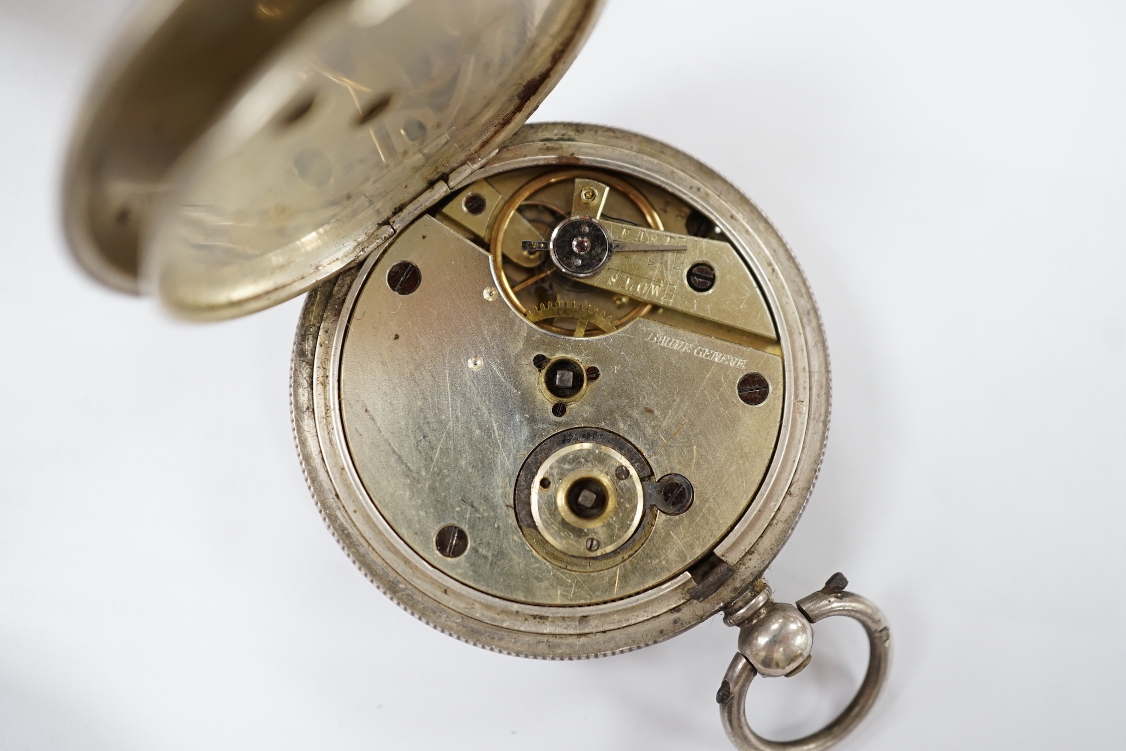 A late 19th century silver Waltham keywind hunter pocket watch, a 19th century silver open faced keywind pocket watch by Joseph Pentington, Swerpool, one other by Purves of Middleton and one other later Swiss white metal